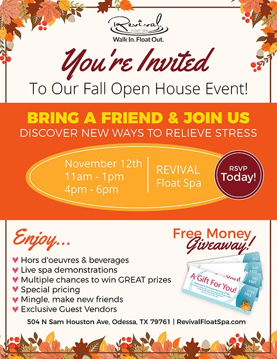 Flyer advertisement for fall open house. November 12th 11am-1pm and 4pm-6pm. Will have beverages, demonstrations, prizes, and special prizes.