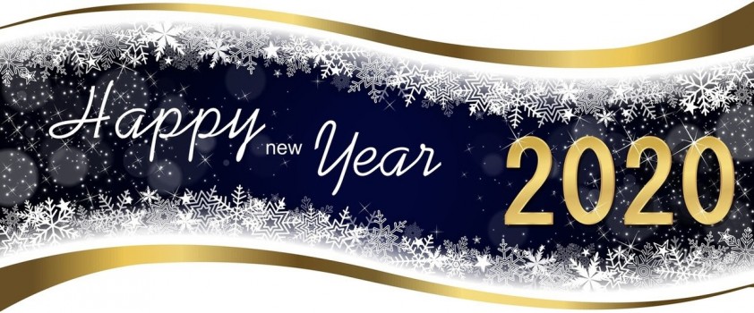 Banner stating Happy New Year 2020 with gold ribbon, white snowflakes, and a dark blue background.